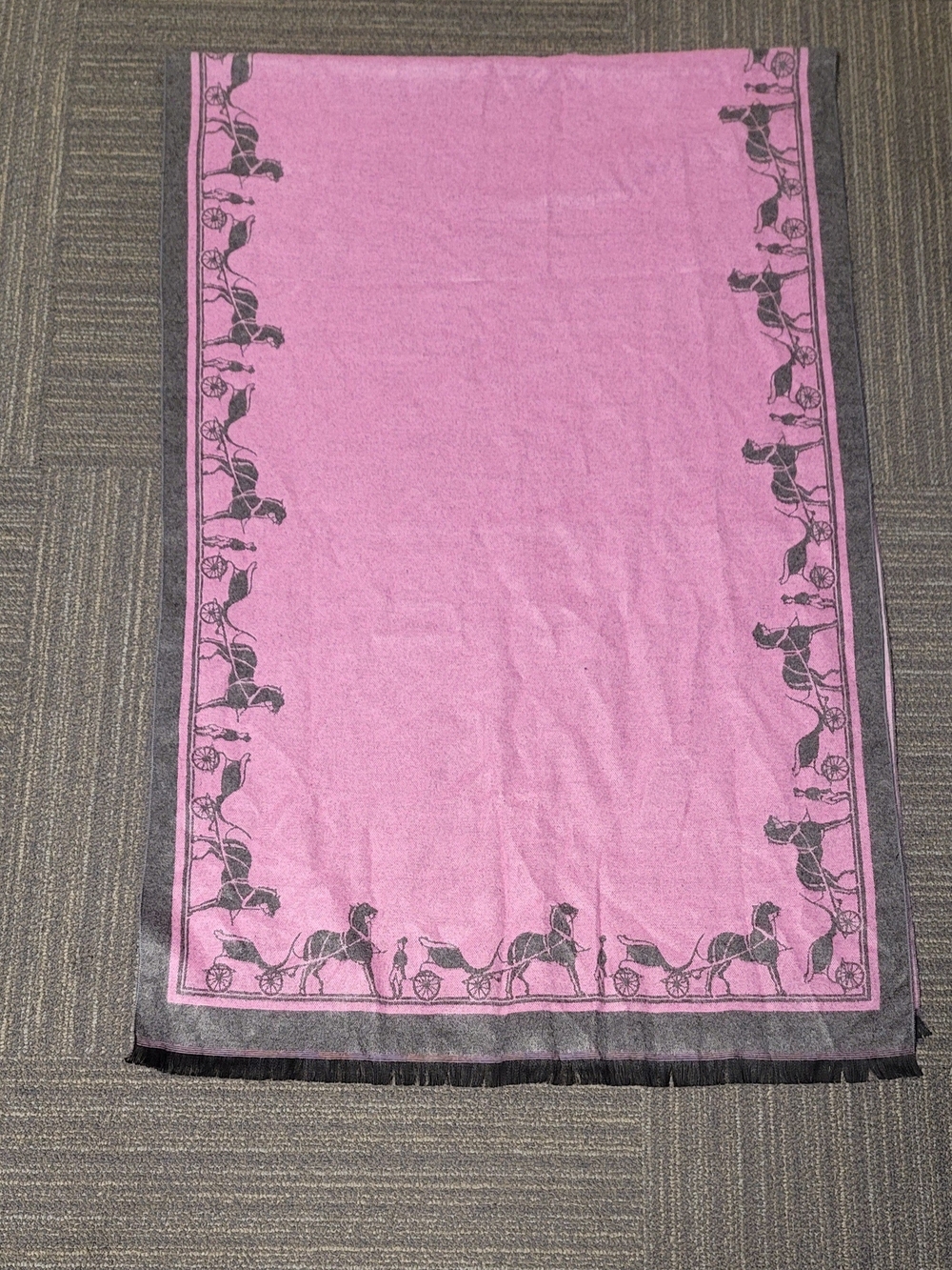 Pink & Gray Modal Scarf with Horse-and-Carriage Border